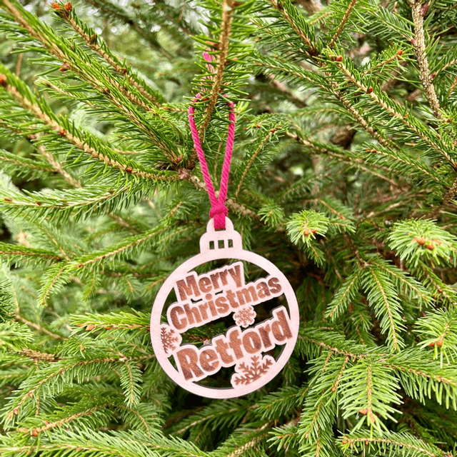 Merry Christmas "Retford" Bauble (Laser cut wooden and hand finished Christmas decoration)